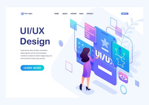 Isometric concept a young woman creates a custom design for a mobile application, Ui UX design. Landing page template for the site