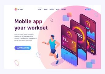Isometric concept The mobile app tracks a person's training. Athlete training, a man running. Landing page template for the site
