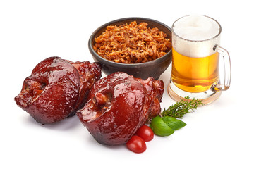 Pork knuckle with sauerkraut and lager beer, isolated on white background