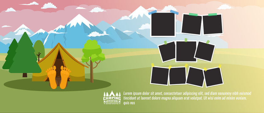 Camping concept flat horizontal banner. Tourism advertisement layout with photo frames. Vector illustration