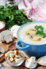 A bowl with mushroom cream soup	