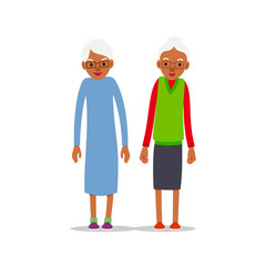 Two old african women, design for any purposes. Senior couple smiling. Retirement age. Happy attractive lifestyle. Female symbol. Cartoon illustration isolated on white background in flat style