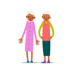 Two old african women, design for any purposes. Senior couple smiling. Retirement age. Happy attractive lifestyle. Female symbol. Cartoon illustration isolated on white background in flat style