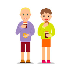 Happy people drinking coffee and eat cookies. Young man and woman standing and holding coffee cups and pastry. Couple having breakfast. Cartoon illustration isolated on white background in flat style