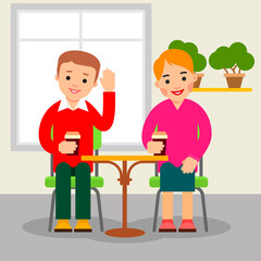 Happy people drinking coffee in restaurant. Young man and woman sitting and holding coffee cups. Couple having breakfast. Cartoon illustration isolated on white background in flat style