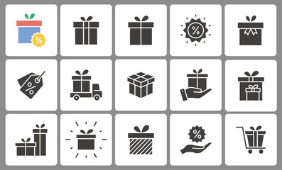 Gift box icons set. Black vector illustration.