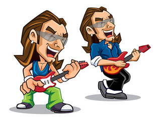 Cartoon Rocker star character playing electronic guitar - vector character mascot