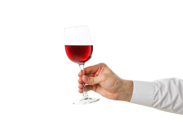 Male hand hold glass with wine, isolated on white background