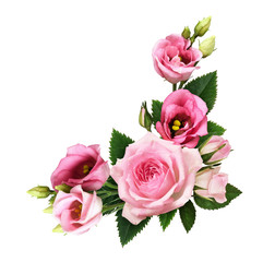 Pink roses and eustoma flowers and buds in a floral corner arrangement