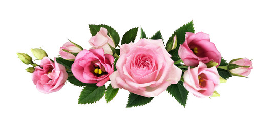 Pink roses and eustoma flowers and buds in a floral line arrangement