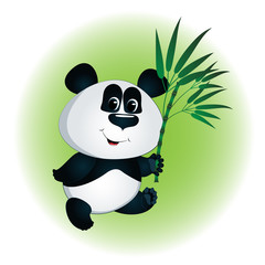 Cheerful vector panda bear with a bamboo branch in a paw on a green background.