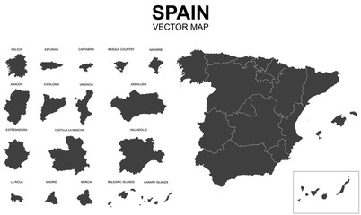vector map of spain with borders of regions - obrazy, fototapety, plakaty