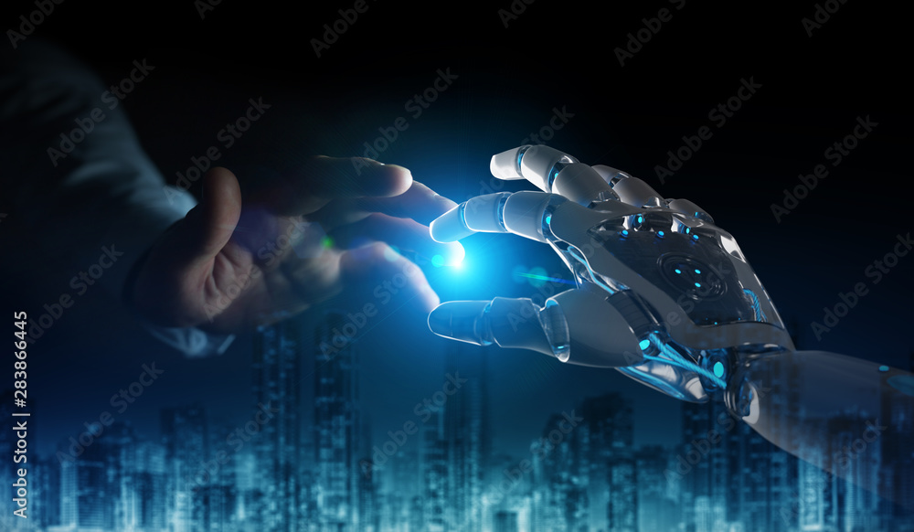 Poster robot hand making contact with human hand on dark background 3d rendering