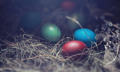 Easter painted eggs on burlap