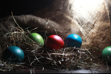 Easter painted eggs on burlap