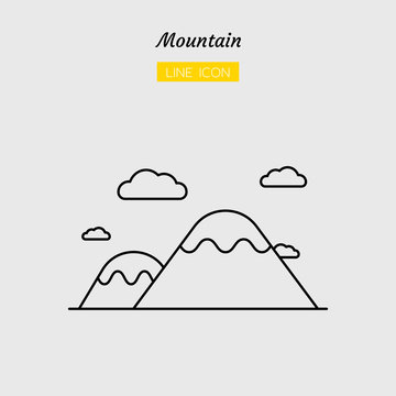 Line Icon Symbol, Mountain And Cloud , Hilltop, Nature, Isolated Flat Outline Vector Design