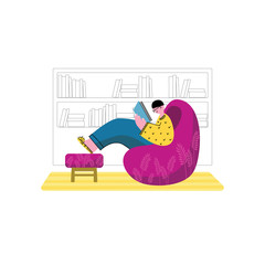 A man reads a book in a blue cover. A man in yellow slippers and a yellow sweatshirt. Library with purple chair. Vector