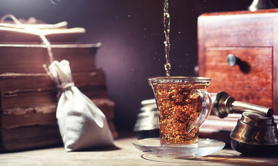 Brewing tea on a wooden table