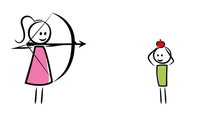 Frau mit Bogen und Junge mit Apfel