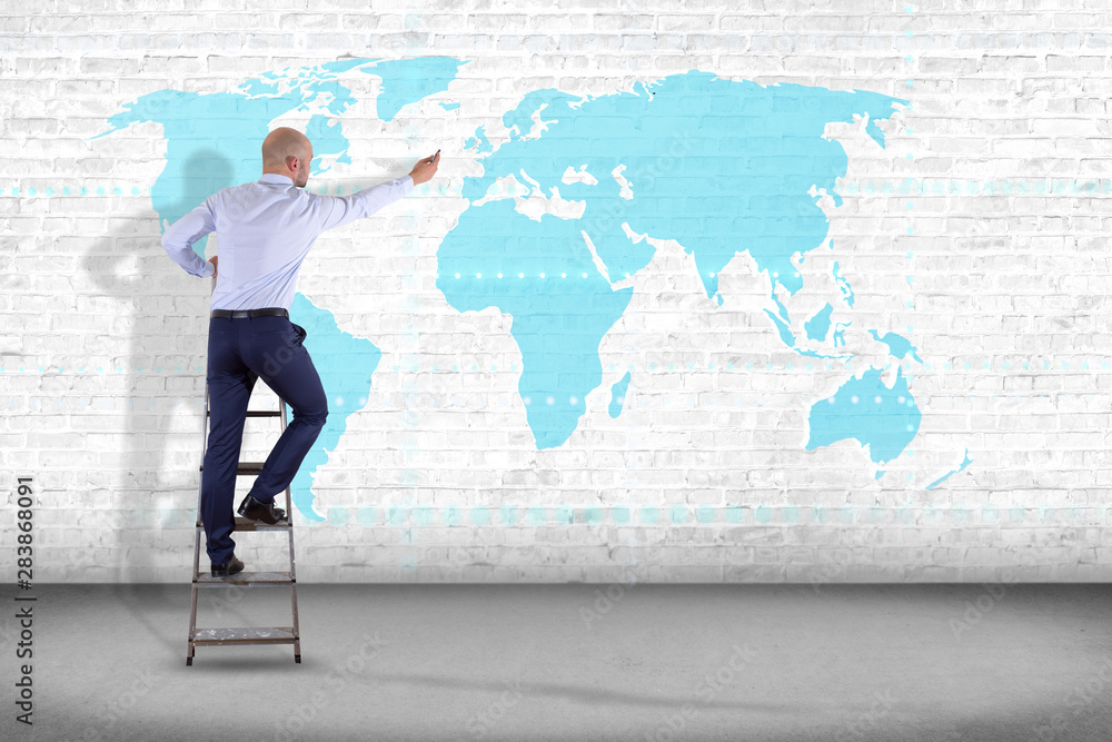 Poster businessman in front of a wall with a connected world map on a uniform background - 3d render