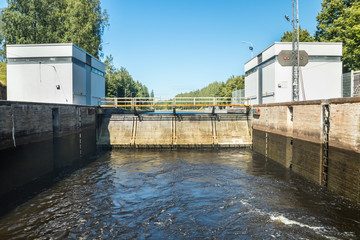 Lappeenranta, Finland - August 7, 2019: Lock on the Saimaa Canal at Malkia. View from water.