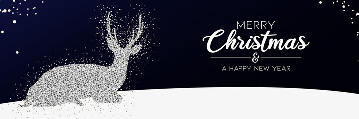 Christmas banner - silver glittering reinderr in a snowy landscape at night