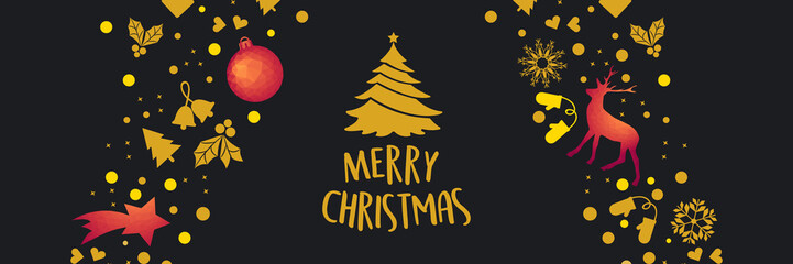 Christmas banner - golden Christmas icons with red polygon icons, typography
