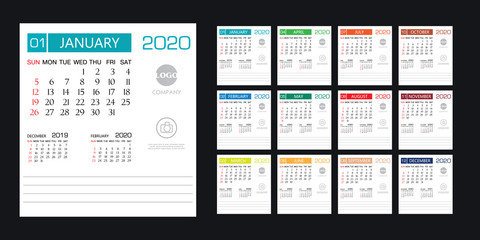Calendar 2020 template creative design , cover design, Set of 12 Months, Week starts Sunday,