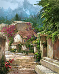 Abstract colorful flowers watercolor painting landscape. Spring with buildings and walls .