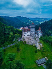 Aerial panorama view of the medieval Bran Castle, known for the myth of Dracula , Dracula Castle in...