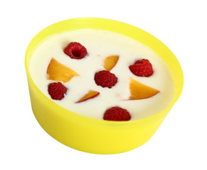 Fruit and Yogurt. The Healthy Eating. Peach, Raspberries.