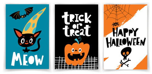 Set of vector Halloween party posters in cartoon flat style