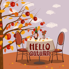 Hello Autumn cafe table with wine for two persons autumn branches of falling leaves foliage, chairs