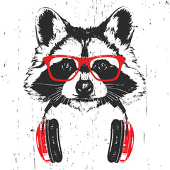 Portrait of Raccoon with glasses and headphones. Hand-drawn illustration. T-shirt design. Vector