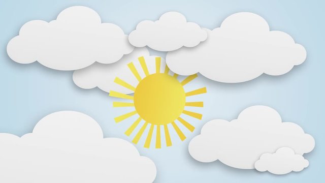 Cartoon Clouds and Sun on bright blue background loop