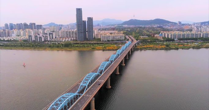 Gorgeous Overview of Seoul, Korea by the River on a Drone