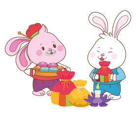 Fototapeta premium Mid autumn rabbits couple eating food cartoon