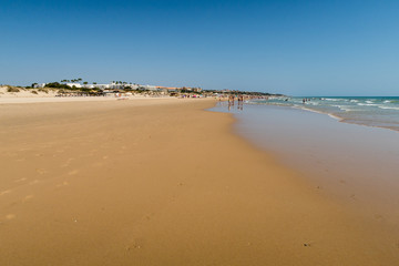 La Barrosa beach, in Sancti Petri, Cadiz, when the tide is low and there is a lot of sand.