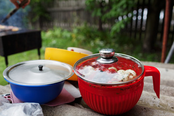 Prepare vegetables.Cooking on barbecue grill, outdoors
