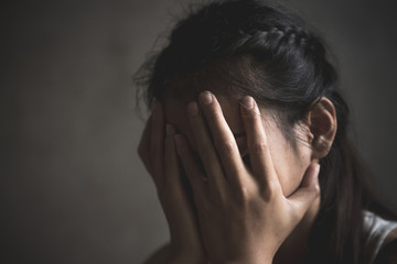 Fototapeta premium Women use their hands to protect themselves from sexual abuse.Detain rape, sexual abuse , human trafficking, domestic violence rape.