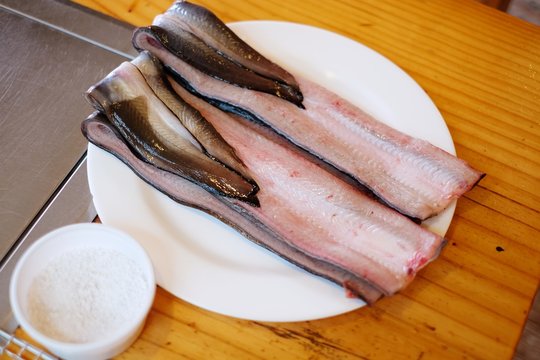 Fresh eel fish for grill at Korean restaurant, Seoul, Hannam-dong
