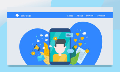 Influencer marketing, social media, video advertising, flat design illustration, landing page template, web design, vector with text.