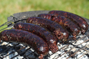 Grilling Blood Sausages on barbecue grill