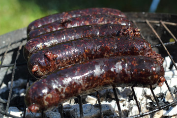 Grilling Blood Sausages on barbecue grill
