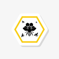 Honey comb sticker icon with bees