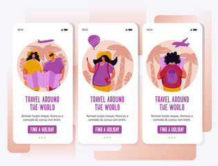 Group of young tourists, men and women with backpacks on holiday trip.Taking a photo with phone camera and looking the map.Travel background.Vector illustration set flat cartoon characters.Mobile app.