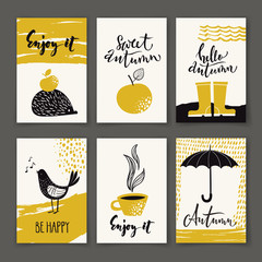 Set of autumn poster designs with motivating text in black and yellow
