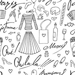 Vector seamless pattern in french style. Paris , love, happiness. Female clothes, bags, food, wine, coffee, lettering. Hand drawn , line art © Svetlana