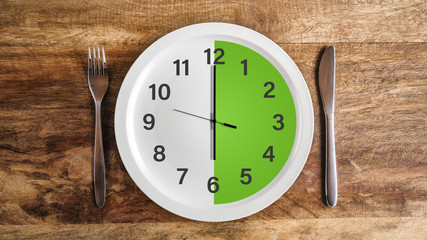 Intermittent fasting six hour feeding window concept with green zone and clock on plate