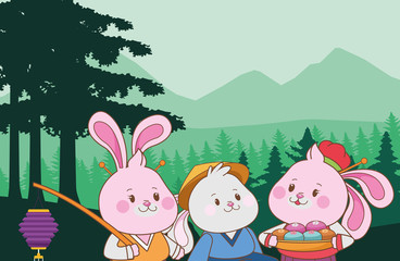 Obraz na płótnie Canvas Rabbits celebrating mid autumn festival cartoons